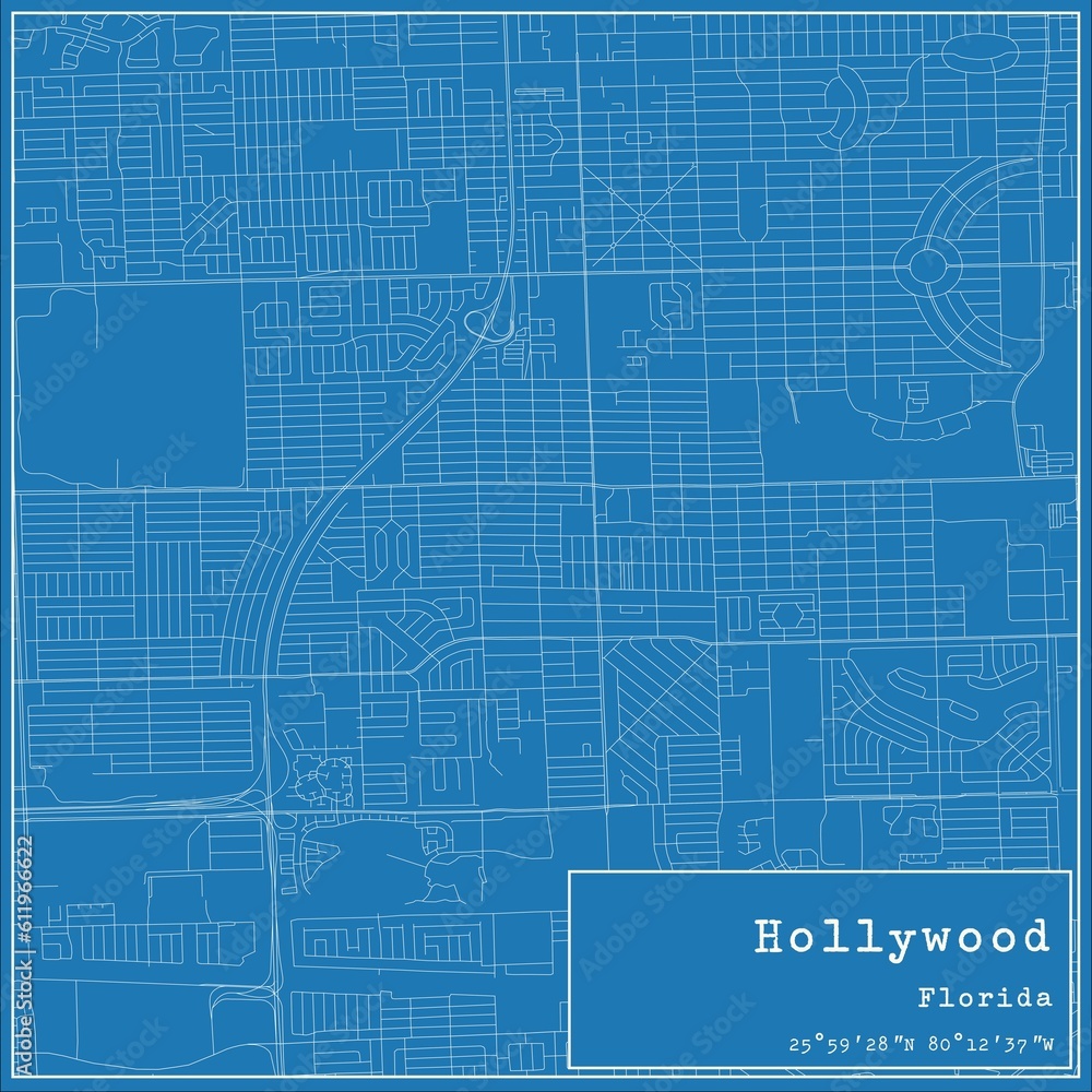 Fototapeta premium Blueprint US city map of Hollywood, Florida.