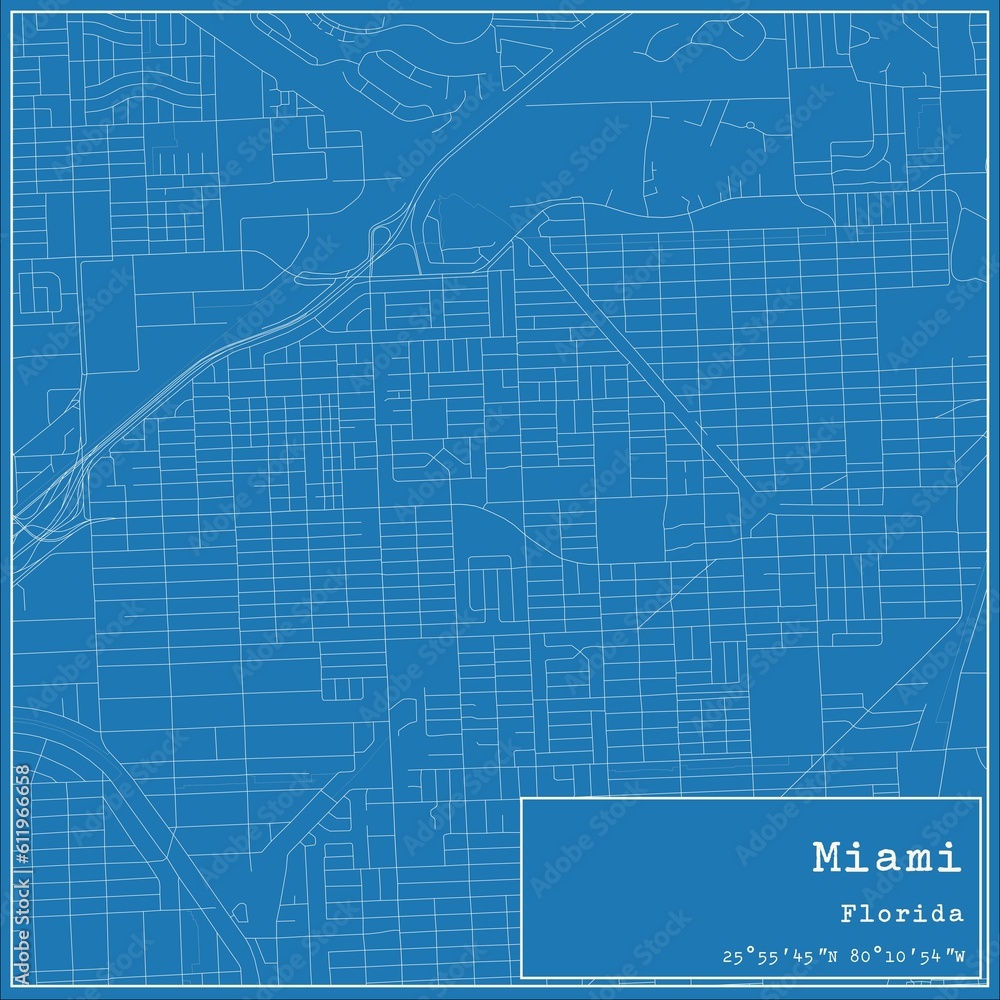 Blueprint US city map of Miami, Florida.