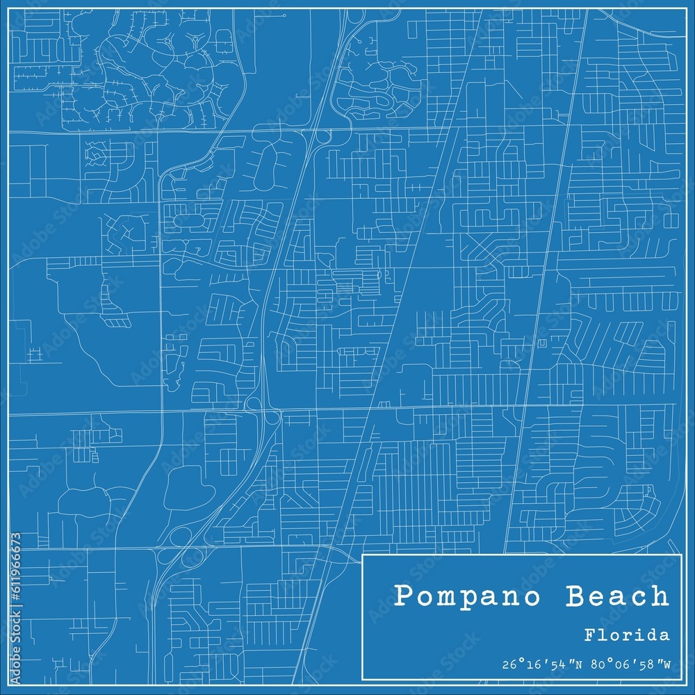 Blueprint US city map of Pompano Beach, Florida.