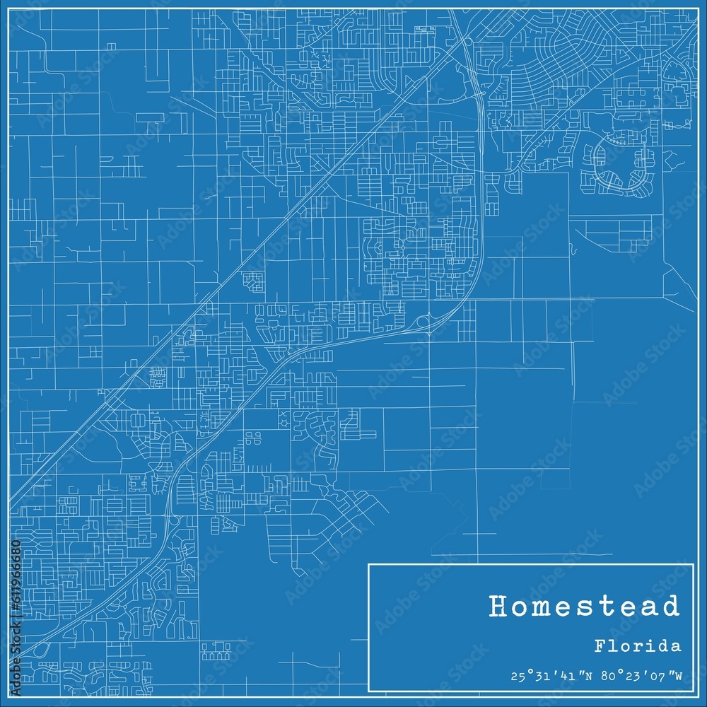 Blueprint US city map of Homestead, Florida.
