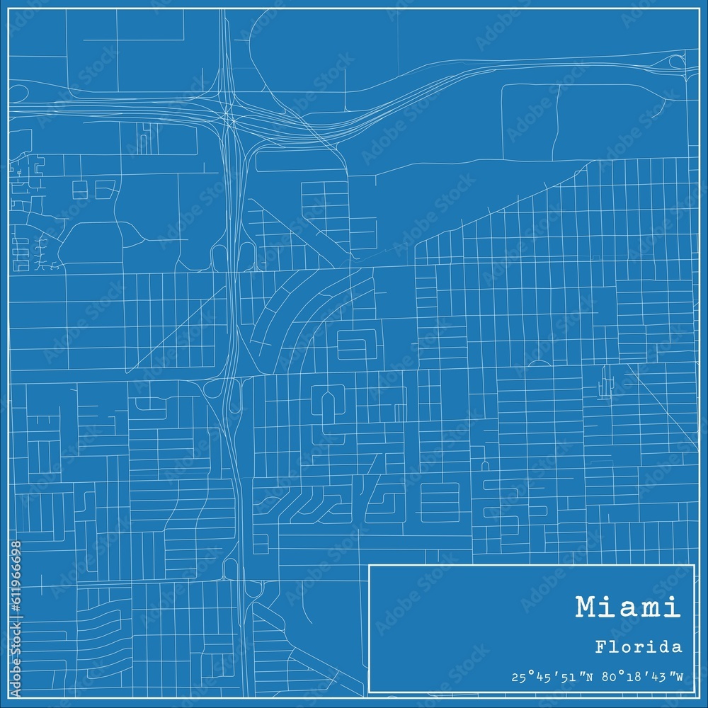 Blueprint US city map of Miami, Florida.