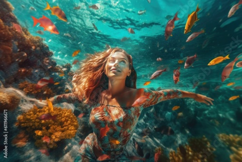 Young woman joyfully diving into turquoise waters of tropical ocean, surrounded by colorful marine life. Generative AI