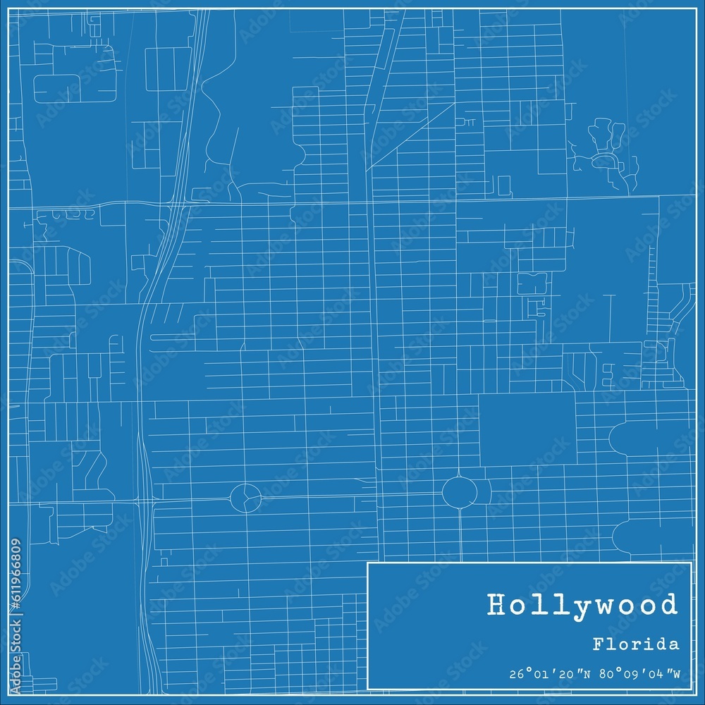 Blueprint US city map of Hollywood, Florida.