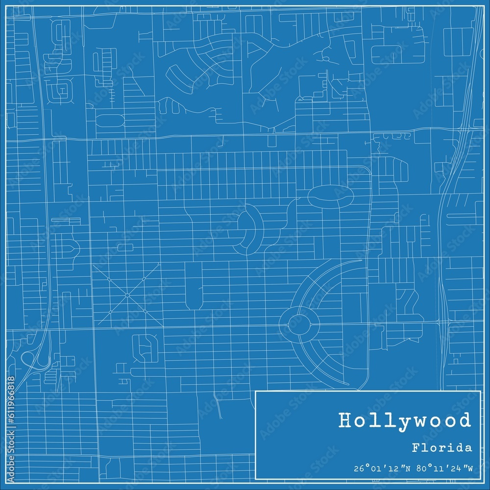 Blueprint US city map of Hollywood, Florida.
