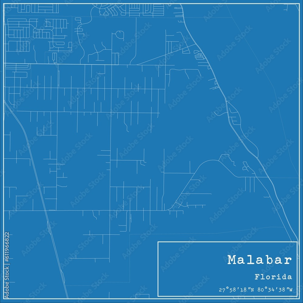 Blueprint US city map of Malabar, Florida.