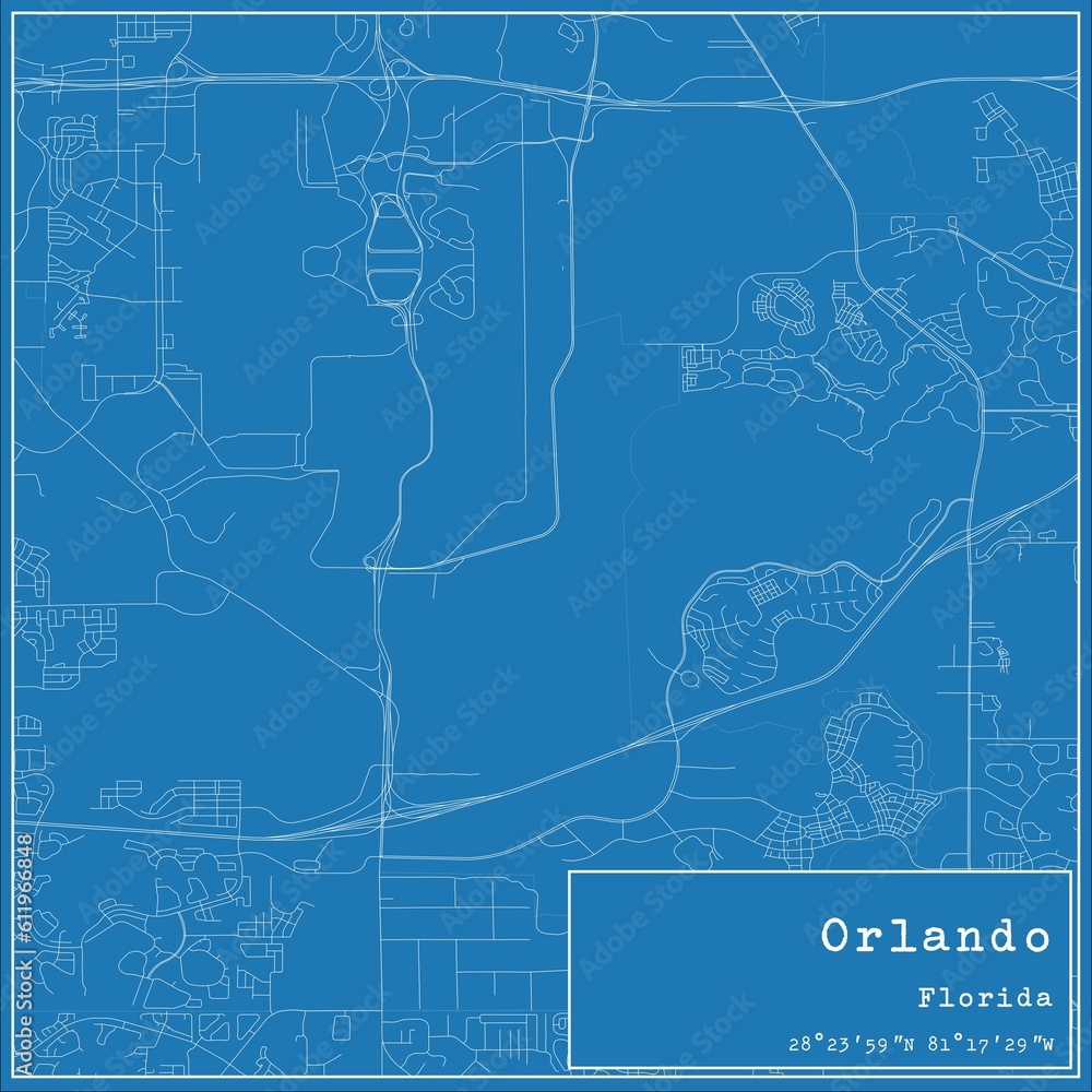 Blueprint US city map of Orlando, Florida.