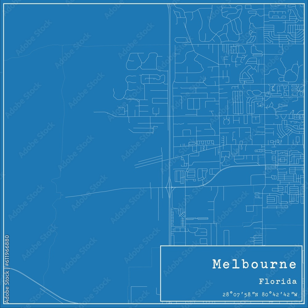 Blueprint US city map of Melbourne, Florida.