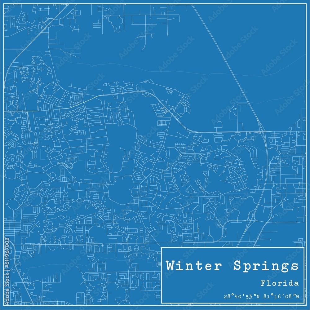 Blueprint US city map of Winter Springs, Florida.