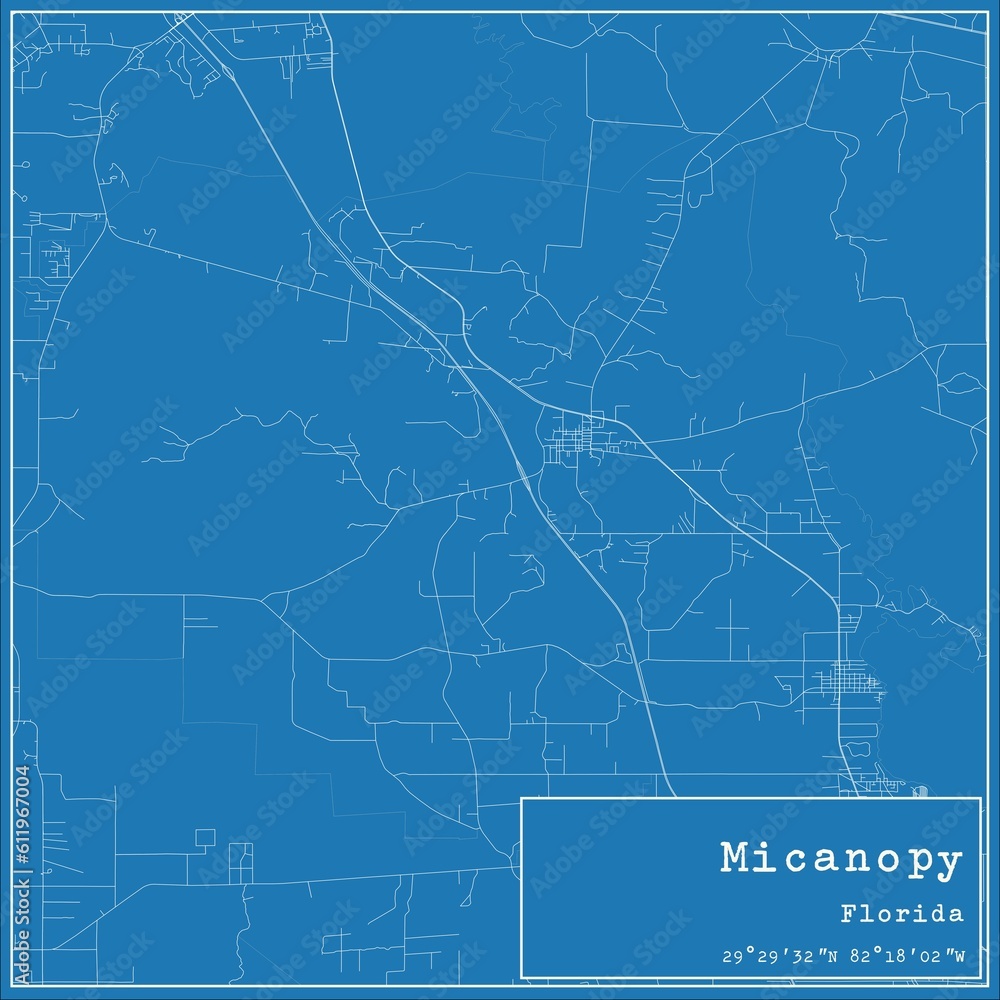 Blueprint US city map of Micanopy, Florida.