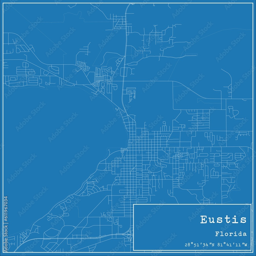 Blueprint US city map of Eustis, Florida.