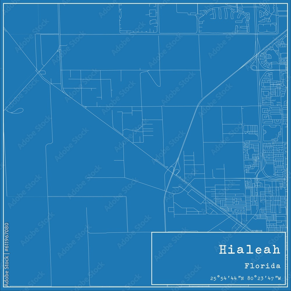 Blueprint US city map of Hialeah, Florida.