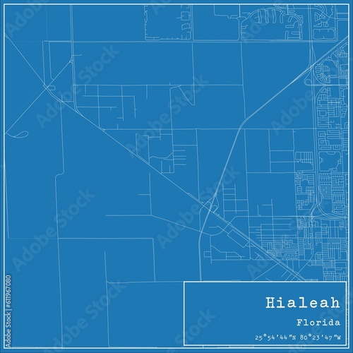 Blueprint US city map of Hialeah, Florida.