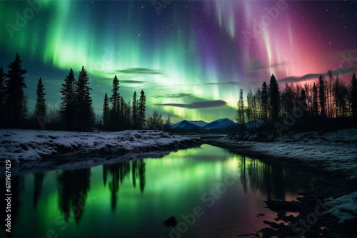 Aurora landscape with northern lights, generative ai  © elchinarts