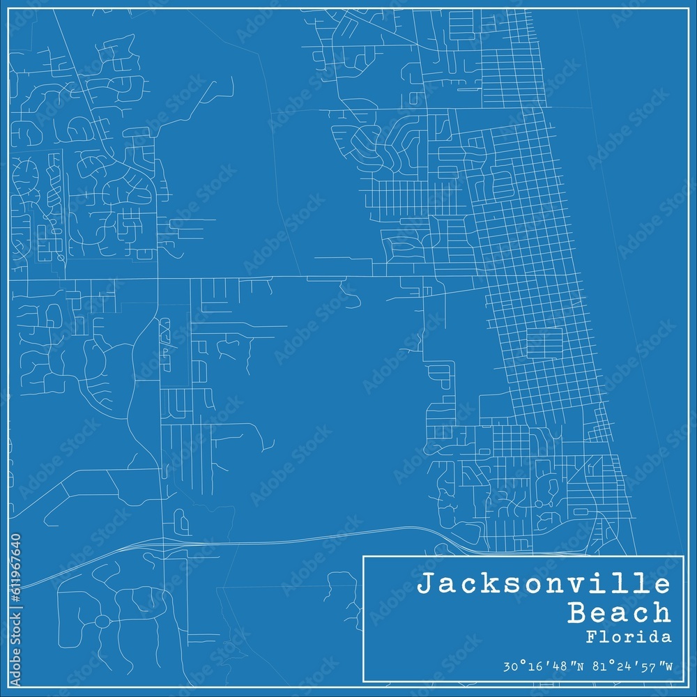 Blueprint US city map of Jacksonville Beach, Florida.