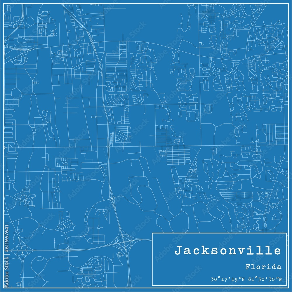Blueprint US city map of Jacksonville, Florida.