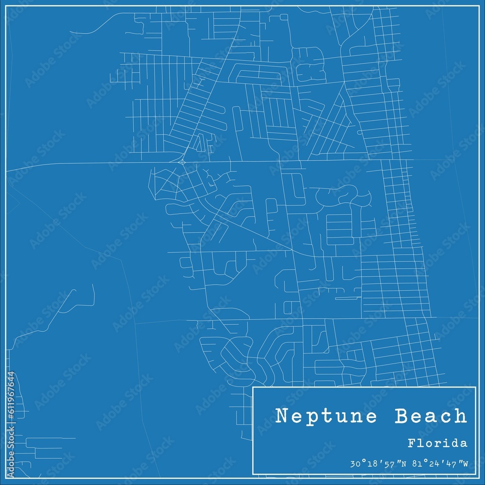 Blueprint US city map of Neptune Beach, Florida.