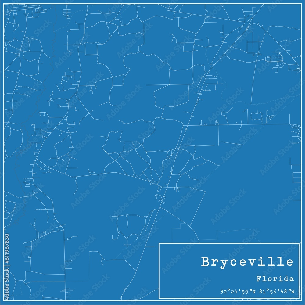 Blueprint US city map of Bryceville, Florida.