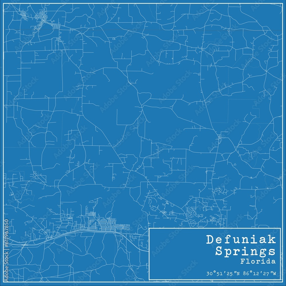 Blueprint US city map of Defuniak Springs, Florida.