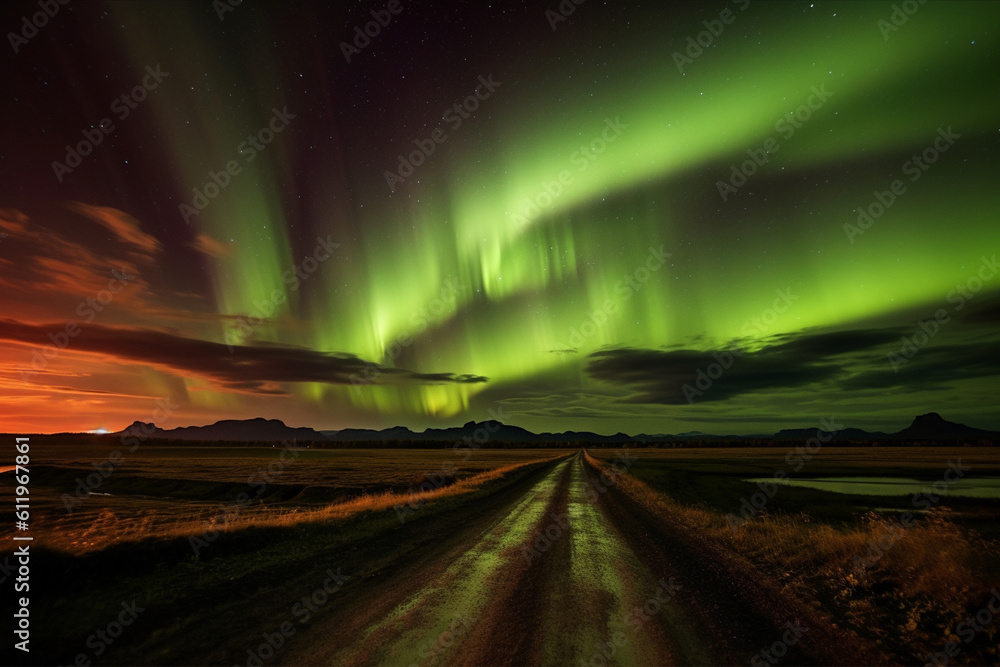 Obraz premium Aurora landscape with northern lights, generative ai