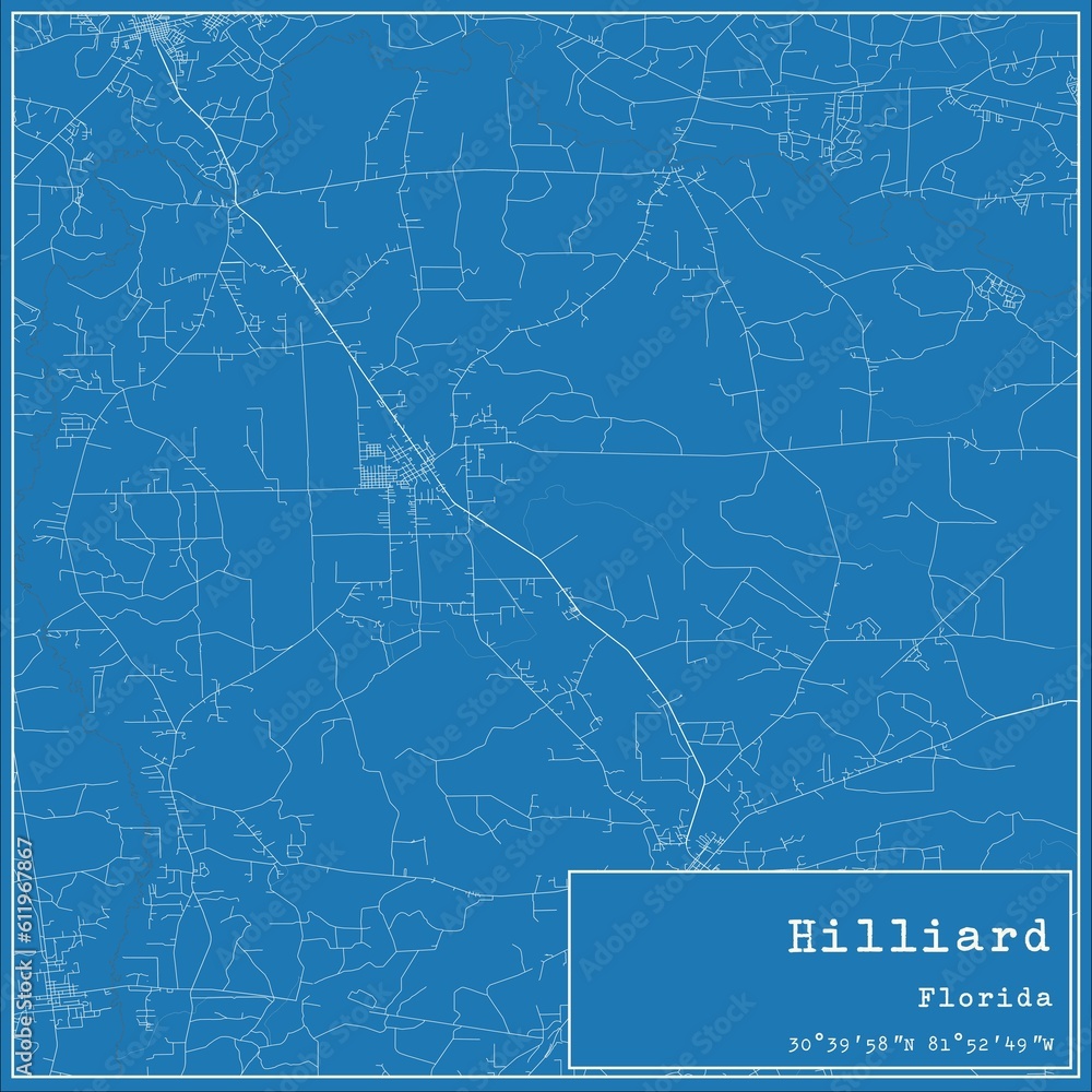 Blueprint US city map of Hilliard, Florida.
