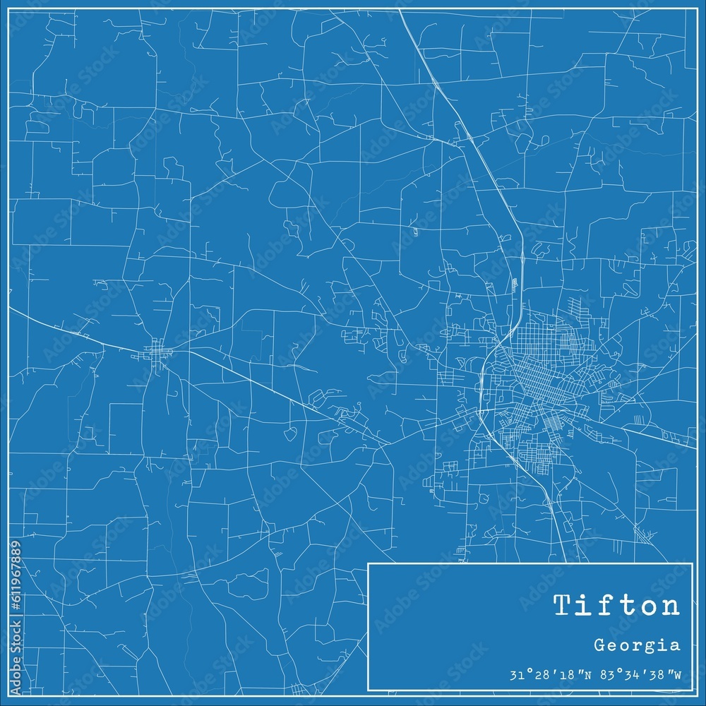 Blueprint US city map of Tifton, Georgia.