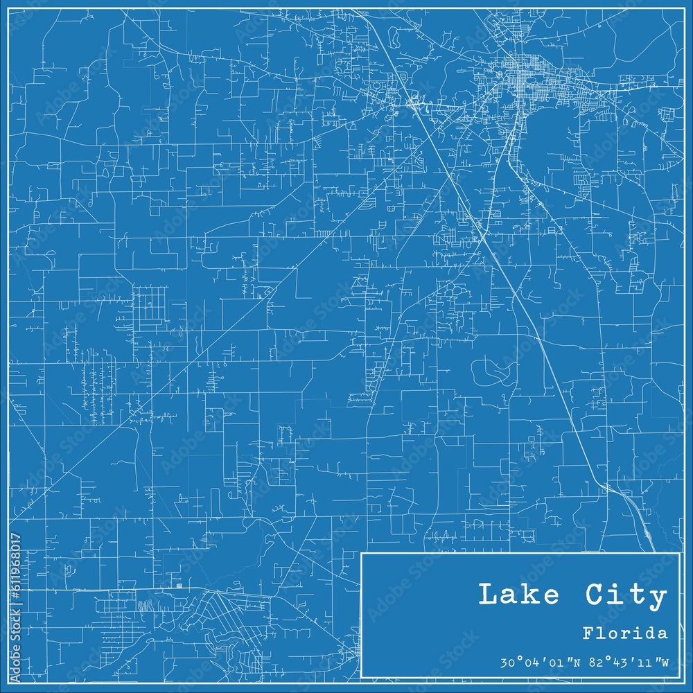 Blueprint US city map of Lake City, Florida.