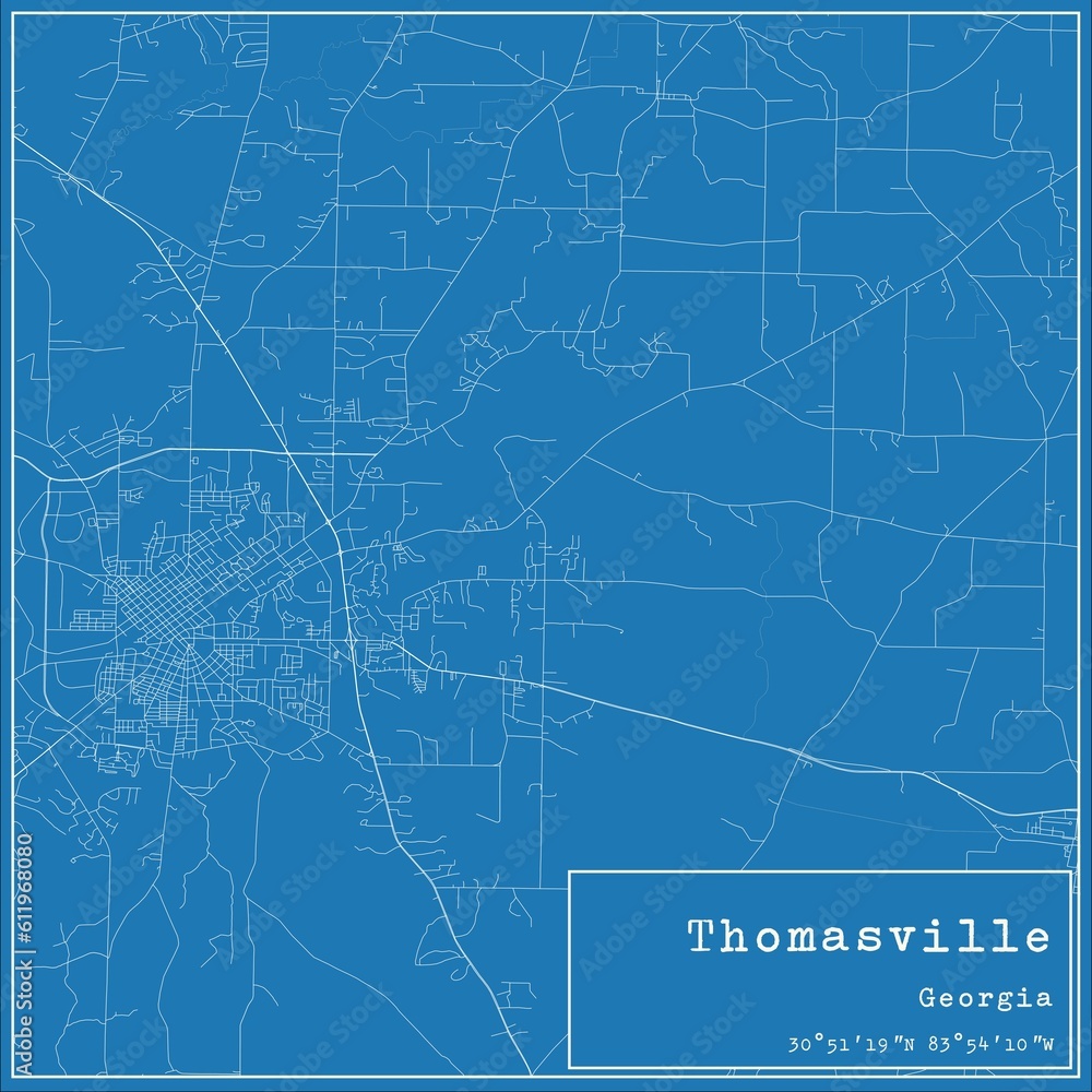 Blueprint US city map of Thomasville, Georgia.