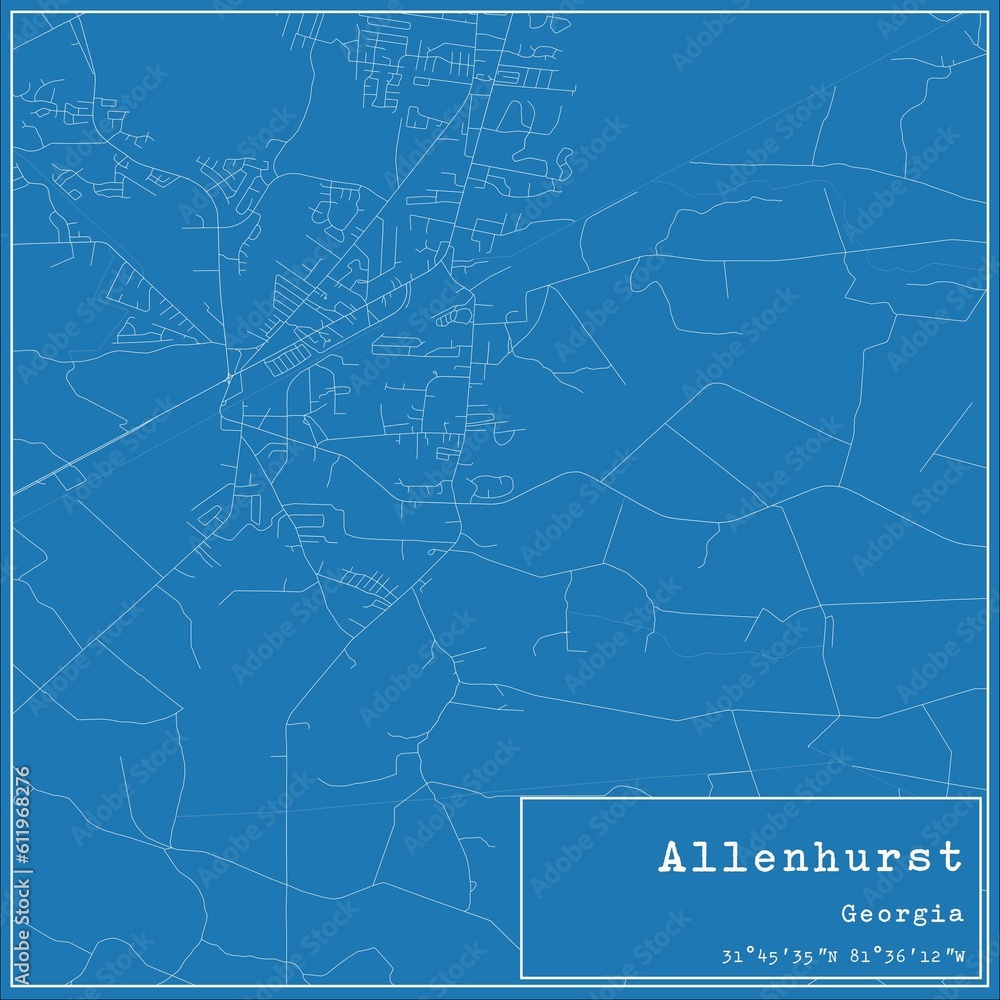 Blueprint US city map of Allenhurst, Georgia.