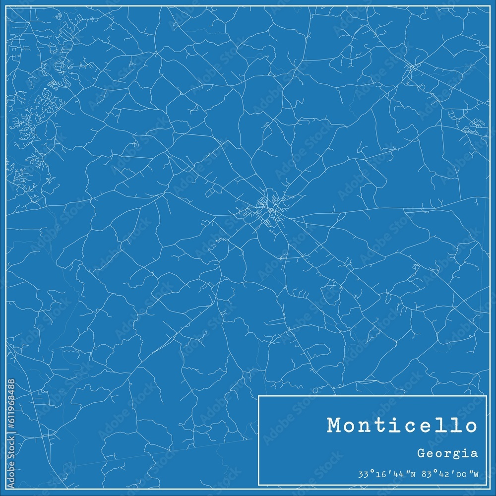 Blueprint US city map of Monticello, Georgia.