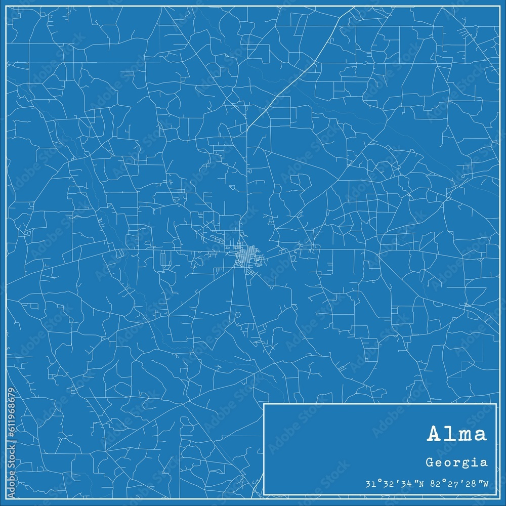 Blueprint US city map of Alma, Georgia.