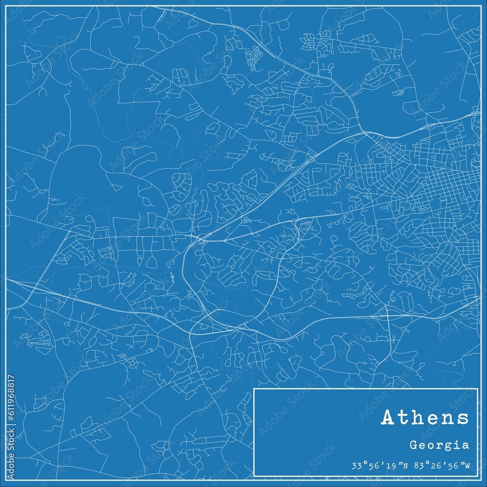 Blueprint US city map of Athens, Georgia.