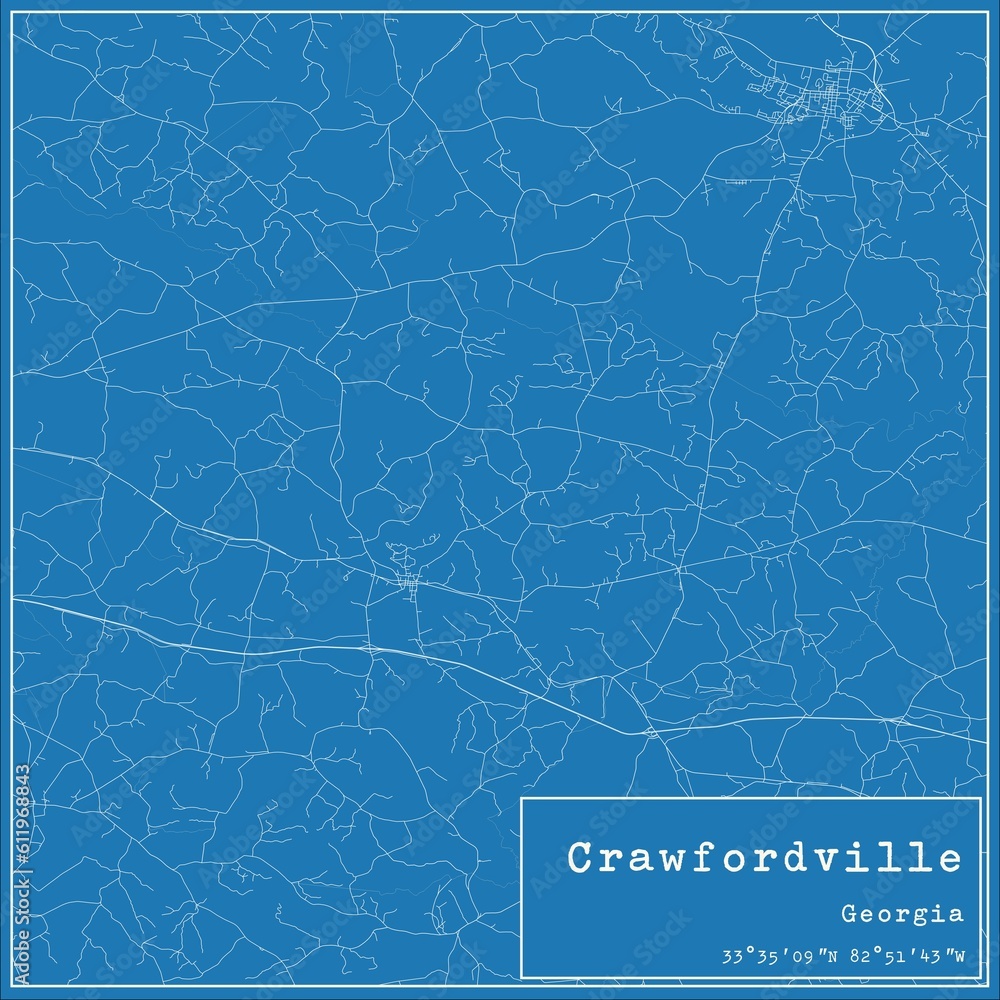 Blueprint US city map of Crawfordville, Georgia.