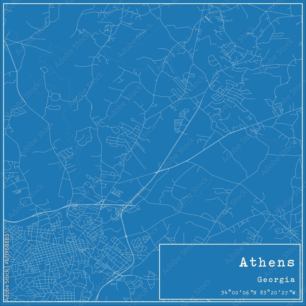 Blueprint US city map of Athens, Georgia.