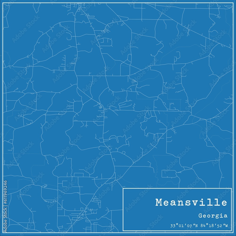 Blueprint US city map of Meansville, Georgia.