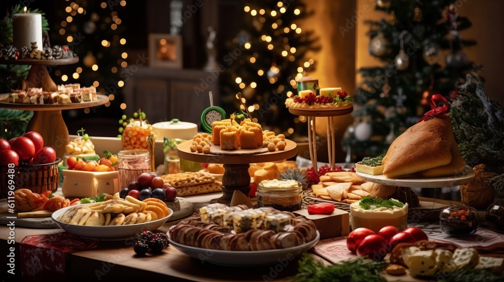 Christmas Dinner table full of dishes with food and snacks, New Year's decor with a Christmas tree on the background.
Generative AI