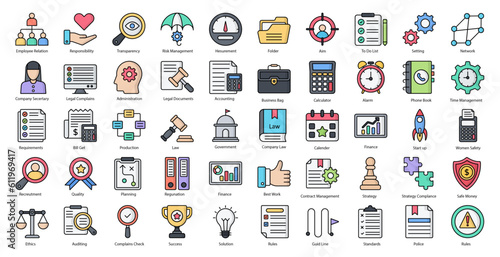 Organization Line Color Icons Accounting Company Law Iconset in Filled Outline Style 50 Vector Icons