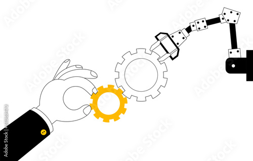 A human hand and a robot hand assemble parts of a mechanism. Artificial intelligence and humans working together. Vector illustration on the theme of human-robot interaction in solving work tasks.