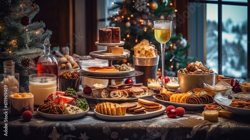 Christmas Dinner table full of dishes with food and snacks, New Year's decor with a Christmas tree on the background. Generative AI