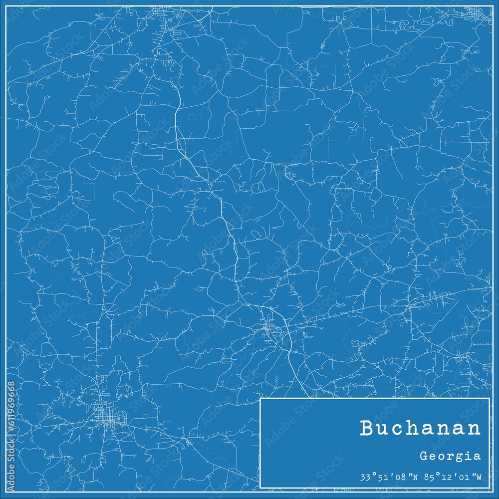 Blueprint US city map of Buchanan, Georgia.