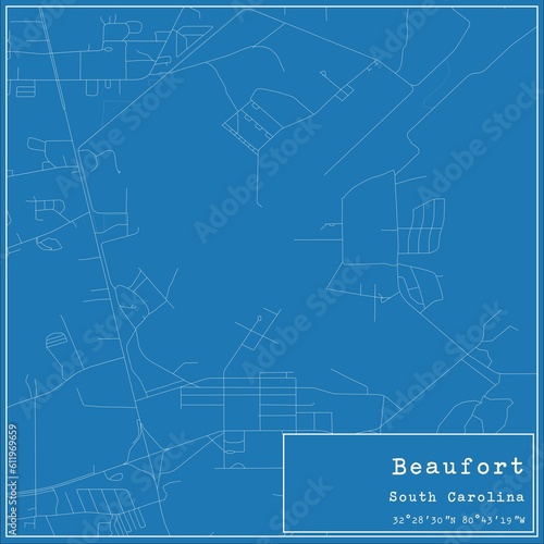 Blueprint US city map of Beaufort, South Carolina.