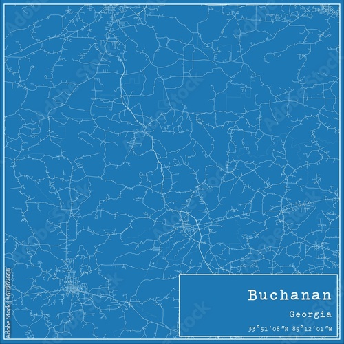 Blueprint US city map of Buchanan, Georgia.