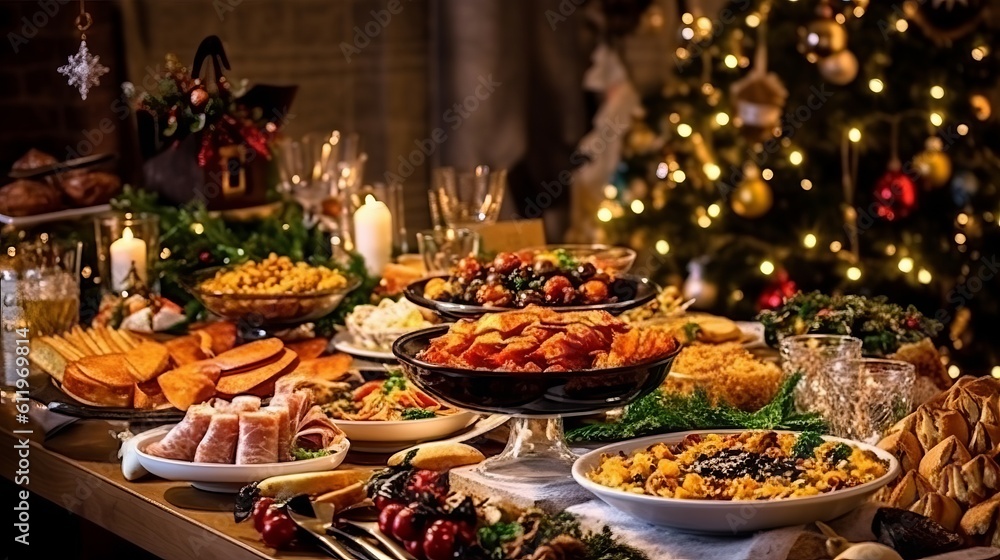 Fototapeta premium Christmas Dinner table full of dishes with food and snacks, New Year's decor with a Christmas tree on the background. Generative AI