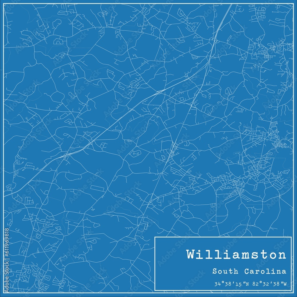 Blueprint US city map of Williamston, South Carolina.