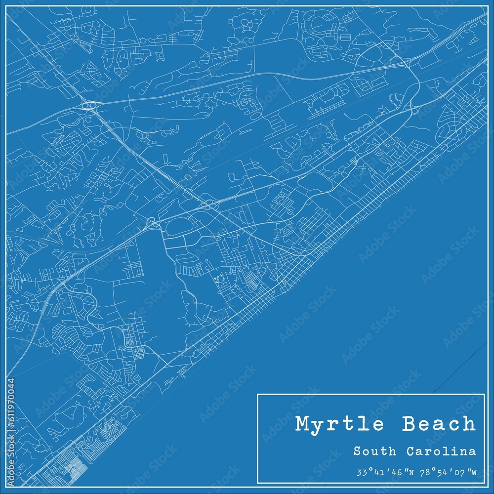 Blueprint US city map of Myrtle Beach, South Carolina.