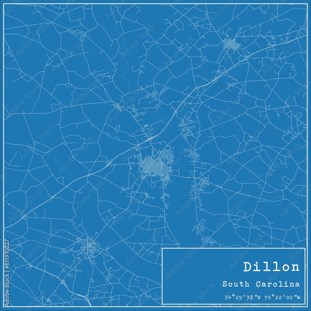Blueprint US city map of Dillon, South Carolina.