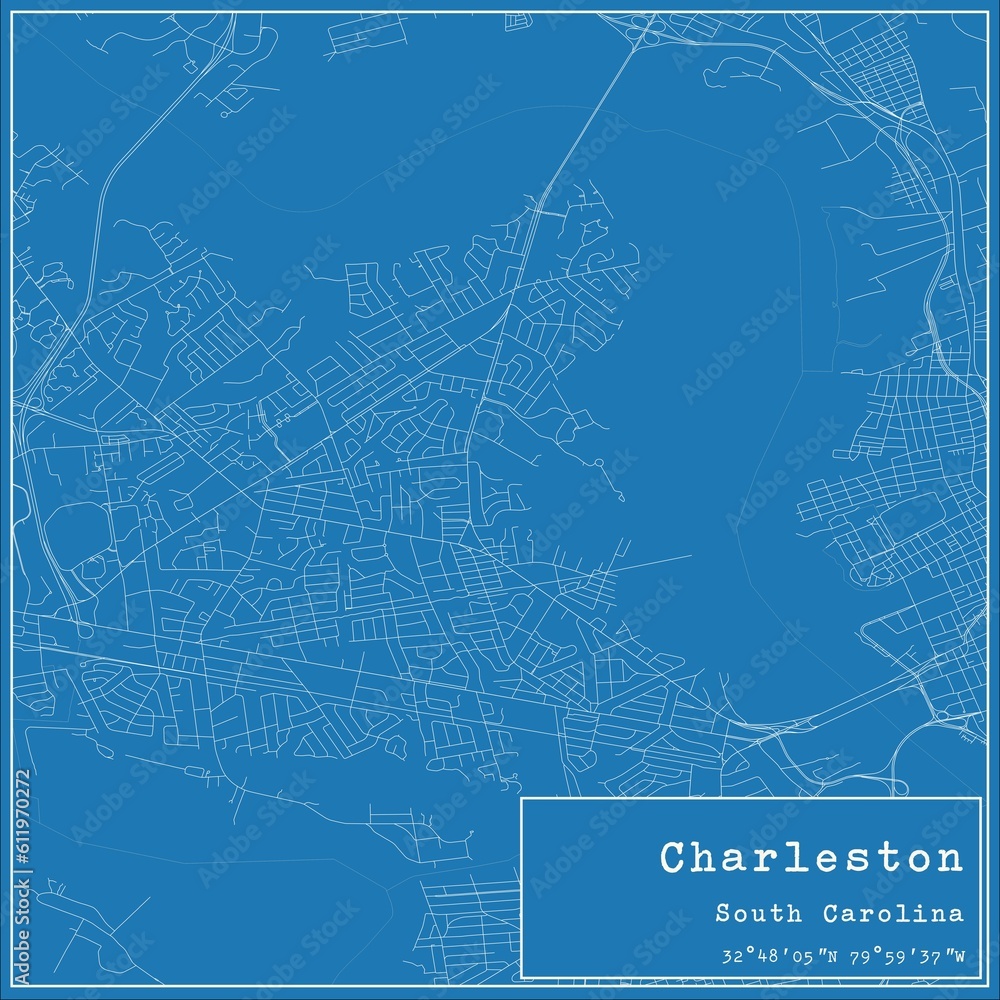Blueprint US city map of Charleston, South Carolina.
