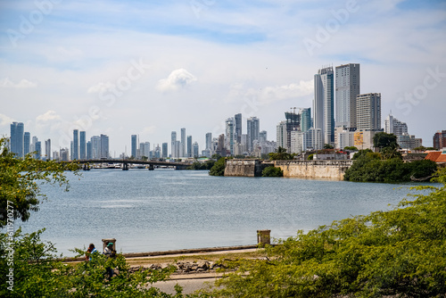 Skyline of modern Cartagena with bridge over bay, Colombia