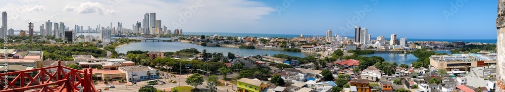 Panorama of old and new city Cartagena with sea on a sunny day from Castle San Felipe de Barajas, Colombia