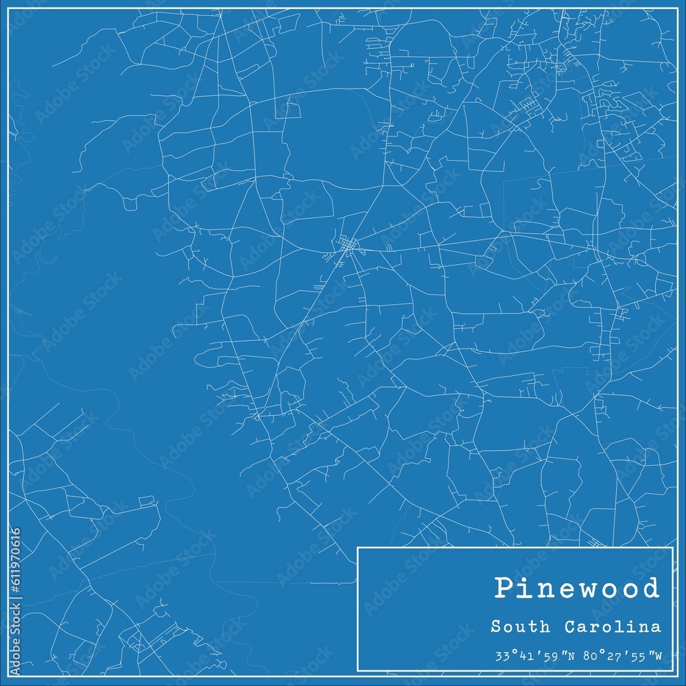 Blueprint US city map of Pinewood, South Carolina.