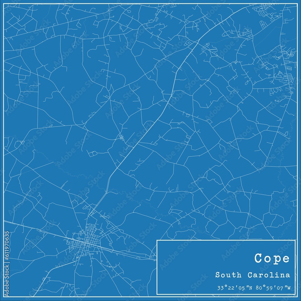 Blueprint US city map of Cope, South Carolina.
